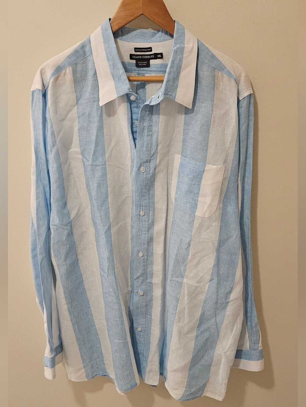 Island Company MENS Blue and White Vertical Stripe 100 % Linen Button-Down Shirt